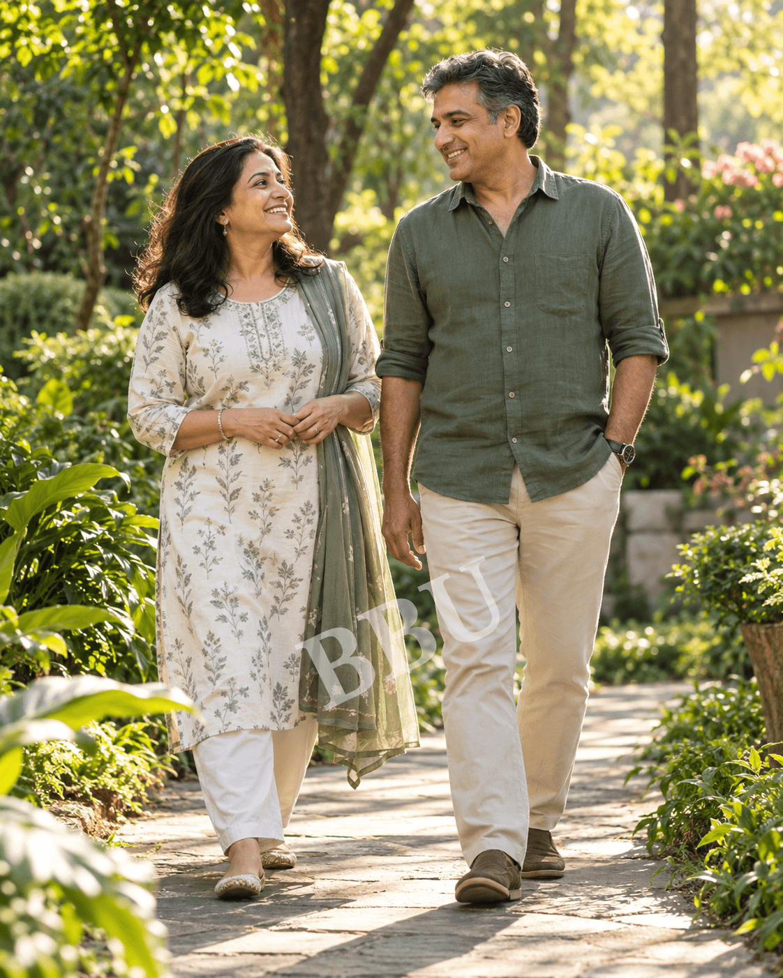 Two adults walking together through a garden
