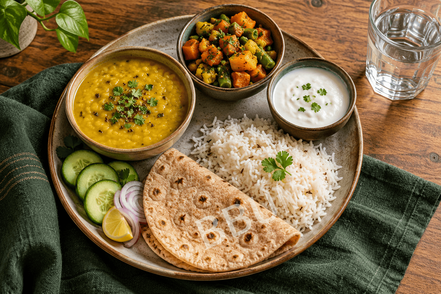 Indian meal with dal, vegetables, curd, rice and roti